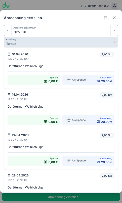 Abrechnung erstellen mit Trainings als Auszahlung oder Spende