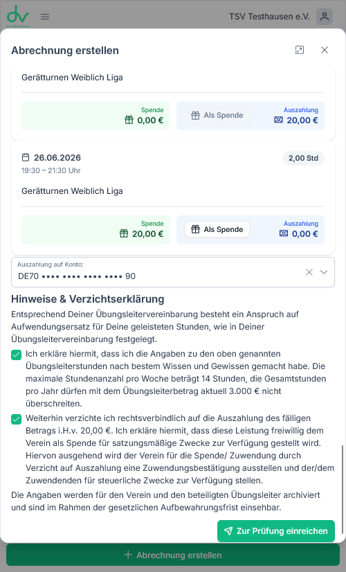 Digitale Verzichtserklärung mit Konto und Einreichung zur Prüfung