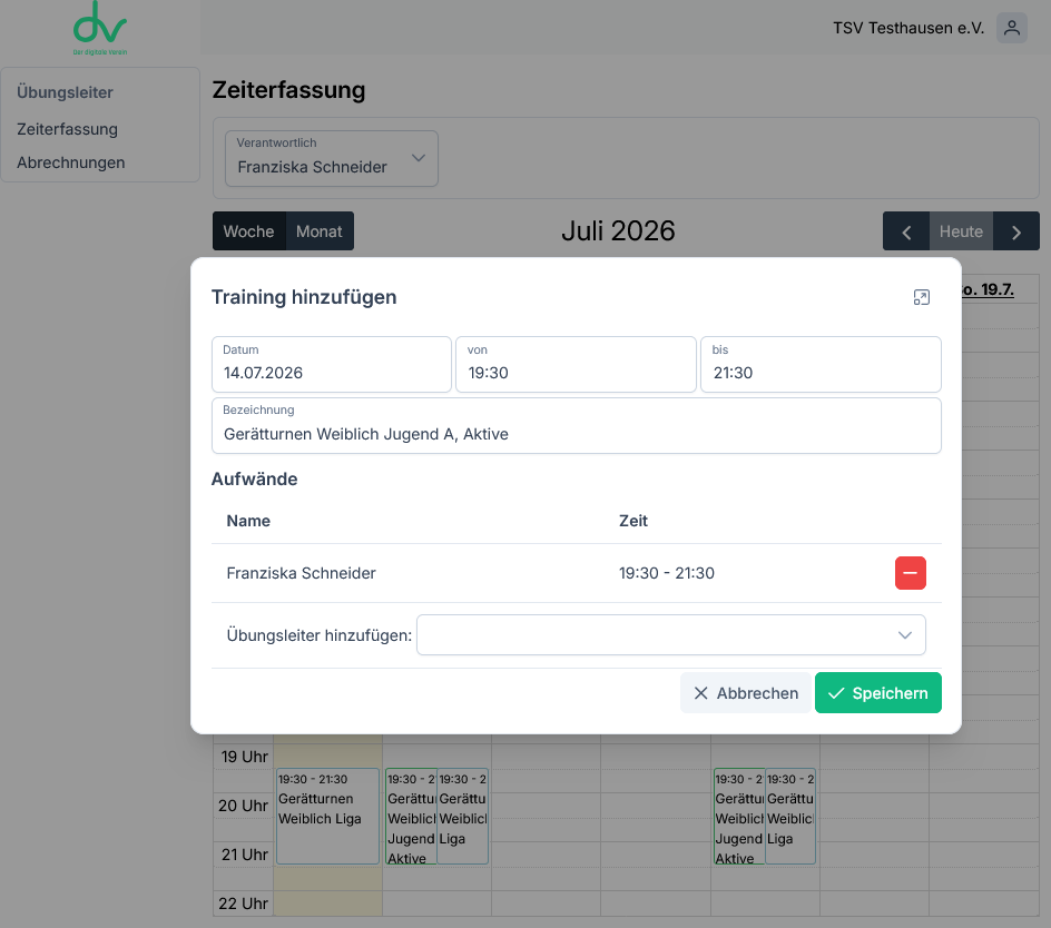 Zeiterfassung im Kalender mit Dialog zum Hinzufügen von Trainings